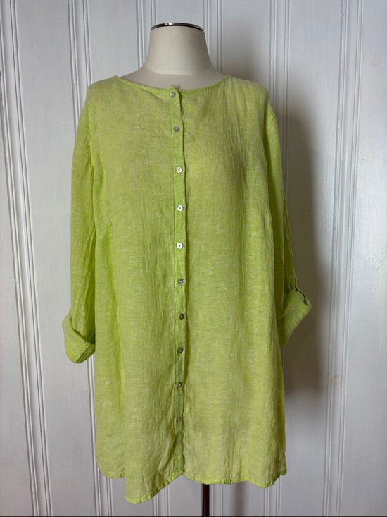 Tahari Tops - TAHARI 100% Linen Lime Green Button-Up Tunic Blouse - Plus Size 1X
